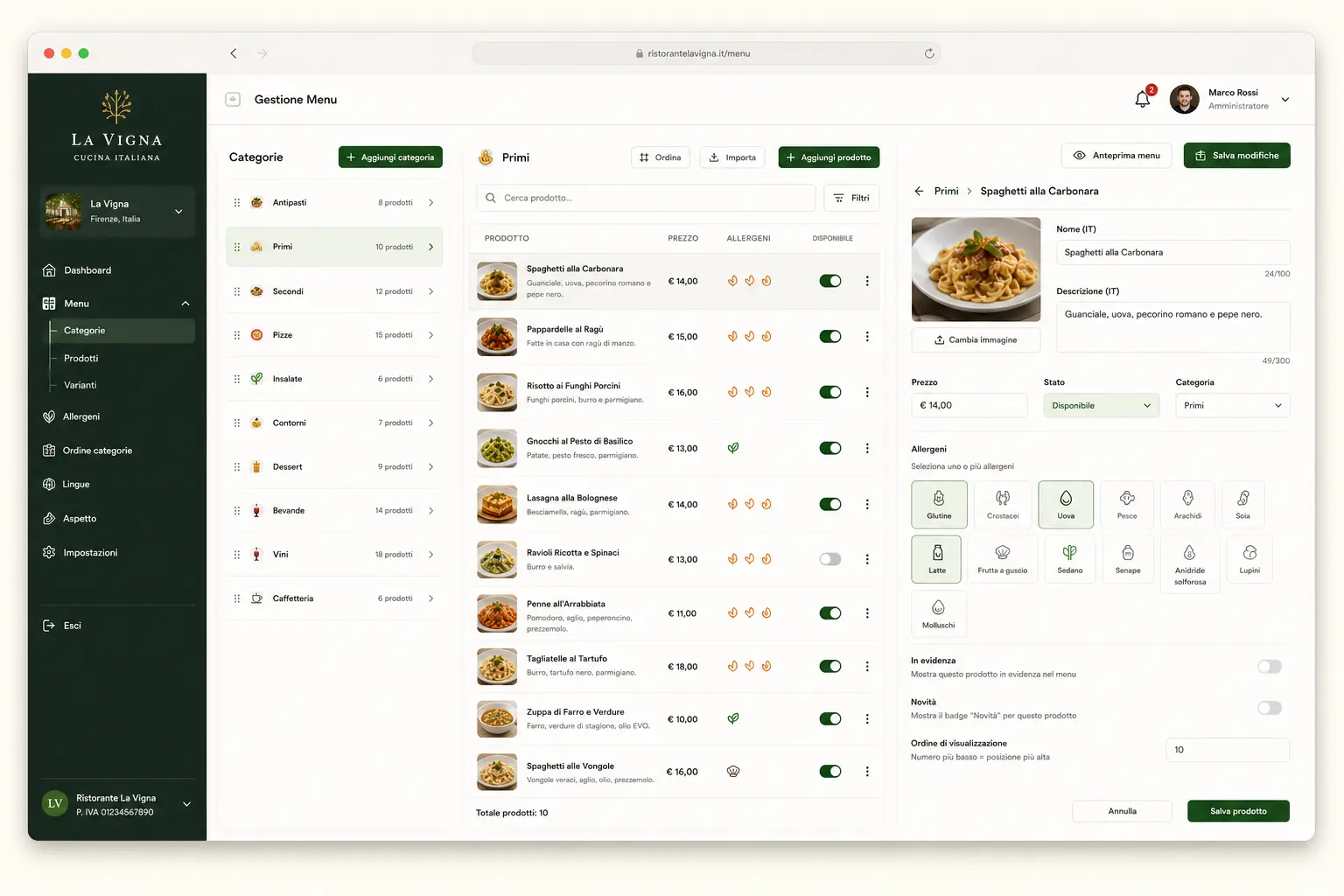 Dashboard DingList per la gestione di categorie, prodotti e disponibilità